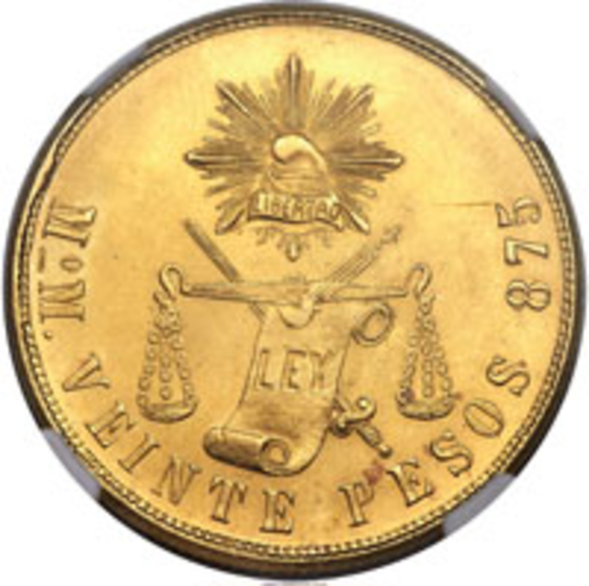  The Russians didn’t have Heritage’s Long Beach sale to themselves. This finest certified example of a Cap & Scales 20 pesos struck at the Mexico City Mint and dated 1900, KM-414.6, reached $38,400. (Image courtesy and © www.ha.com)