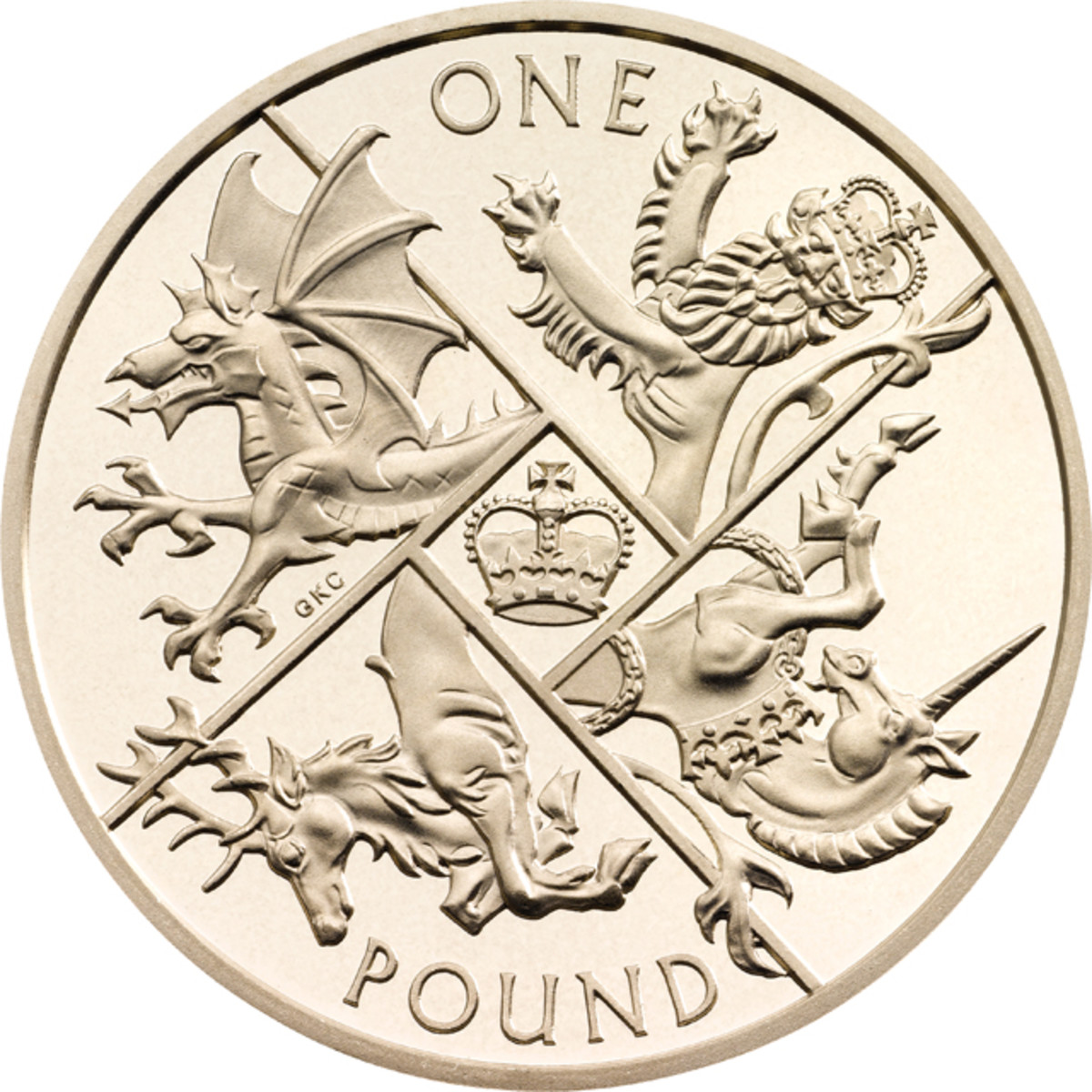 The reverse of Britain’s very last round pound, the 2016 commemorative piece available in sets only that shows the four Royal Beasts; design by Gregory Cameron. Image courtesy and © The Royal Mint.
