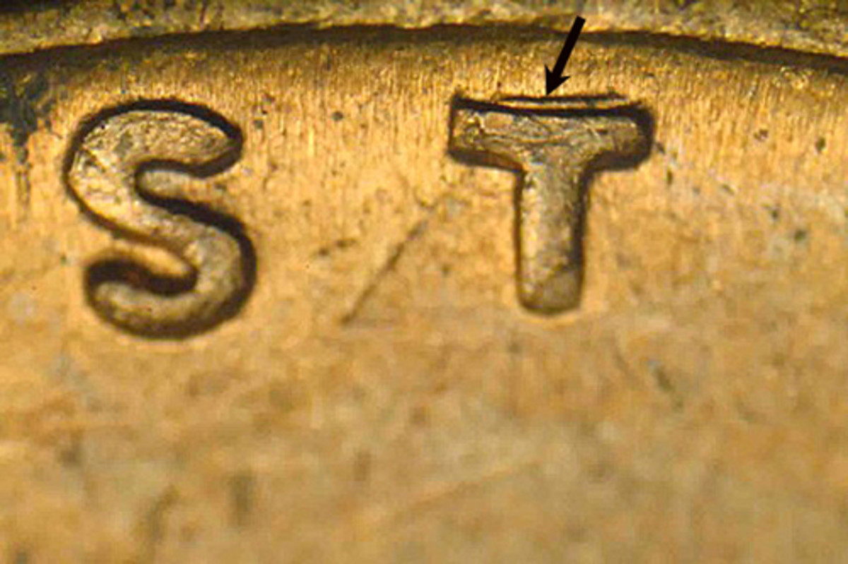  Doubling can be found at the top of the second “T” in TRUST on the 1944 doubled-die cent.