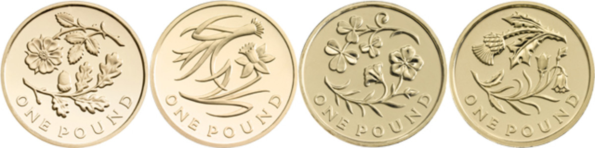 The flora of the four nations that form the UK contributed the reverse designs of the last nationalistic round pounds. From left: England, Wales, Northern Ireland, Scotland. Images courtesy and © The Royal Mint.