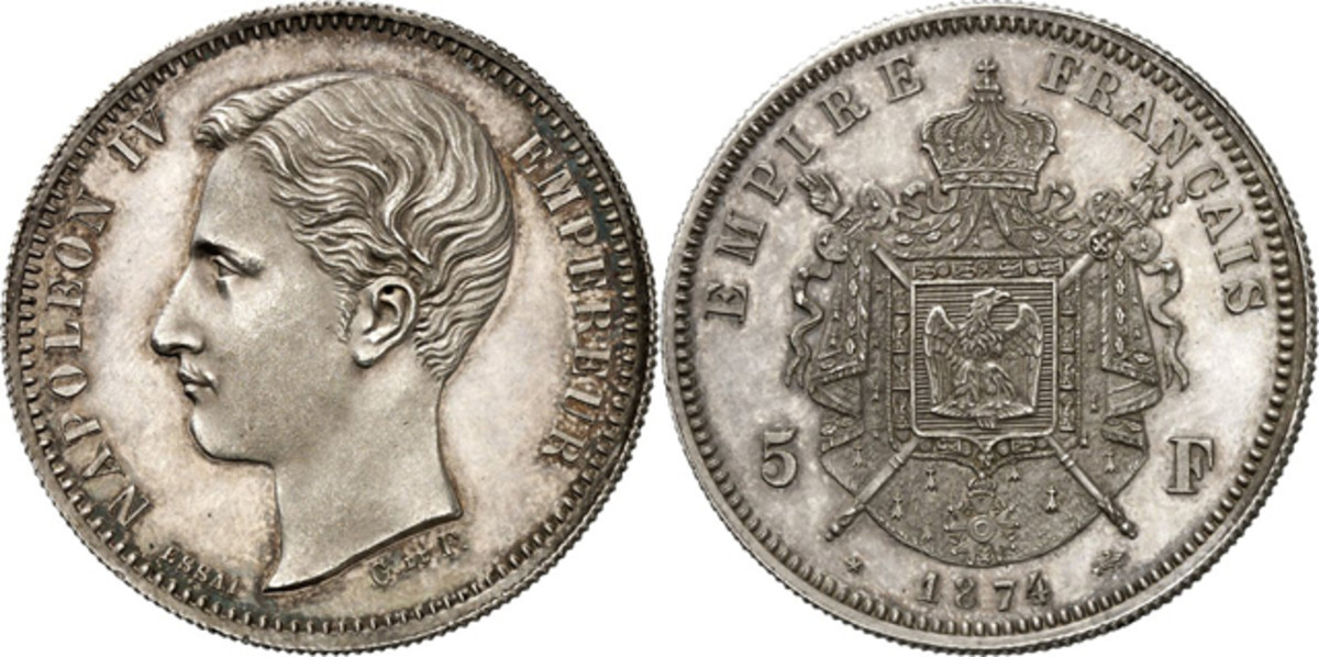 What might have been is recalled by this French pattern 5 francs of Napoleon IV dated 1874. The bust is of Prince Napoléon Eugène Louis Bonaparte. It is graded EF to uncirculated and has an estimate of 1,500 euros or $1,935.