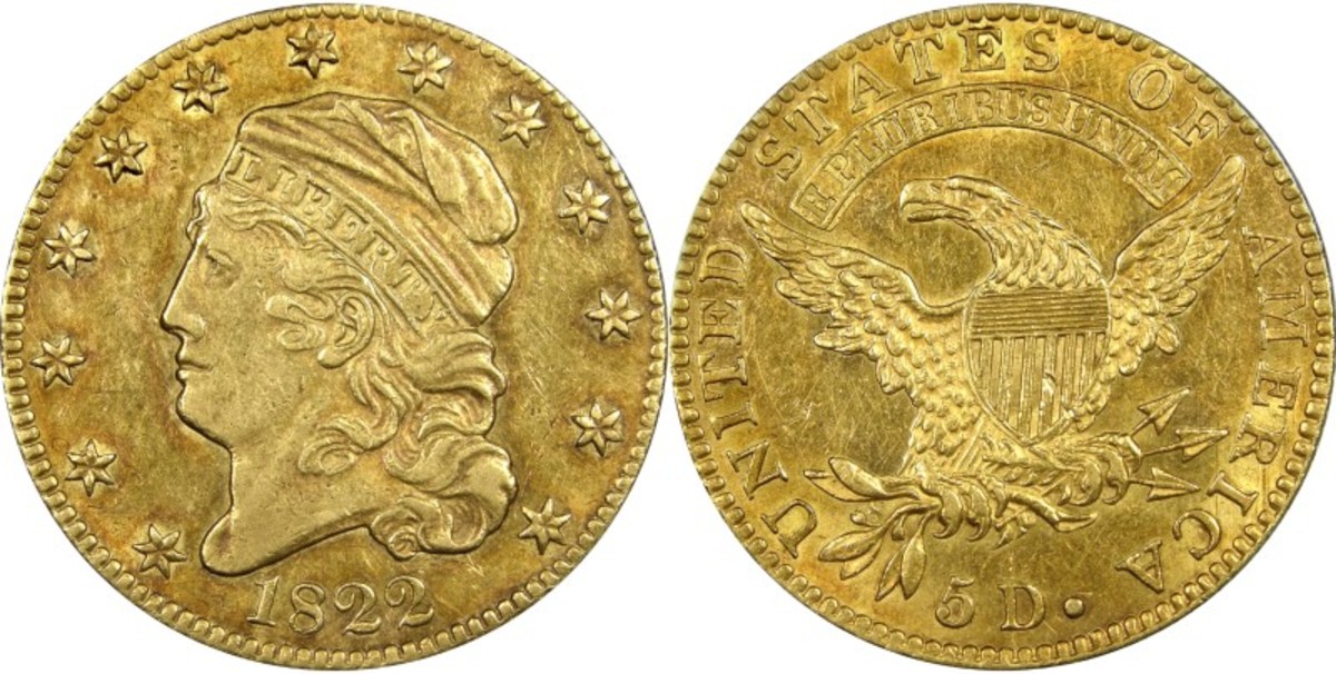 This 1822 half eagle is graded PCGS AU-50. (Images courtesy National Numismatic Collection at the Smithsonian Institution via PCGS.com.)