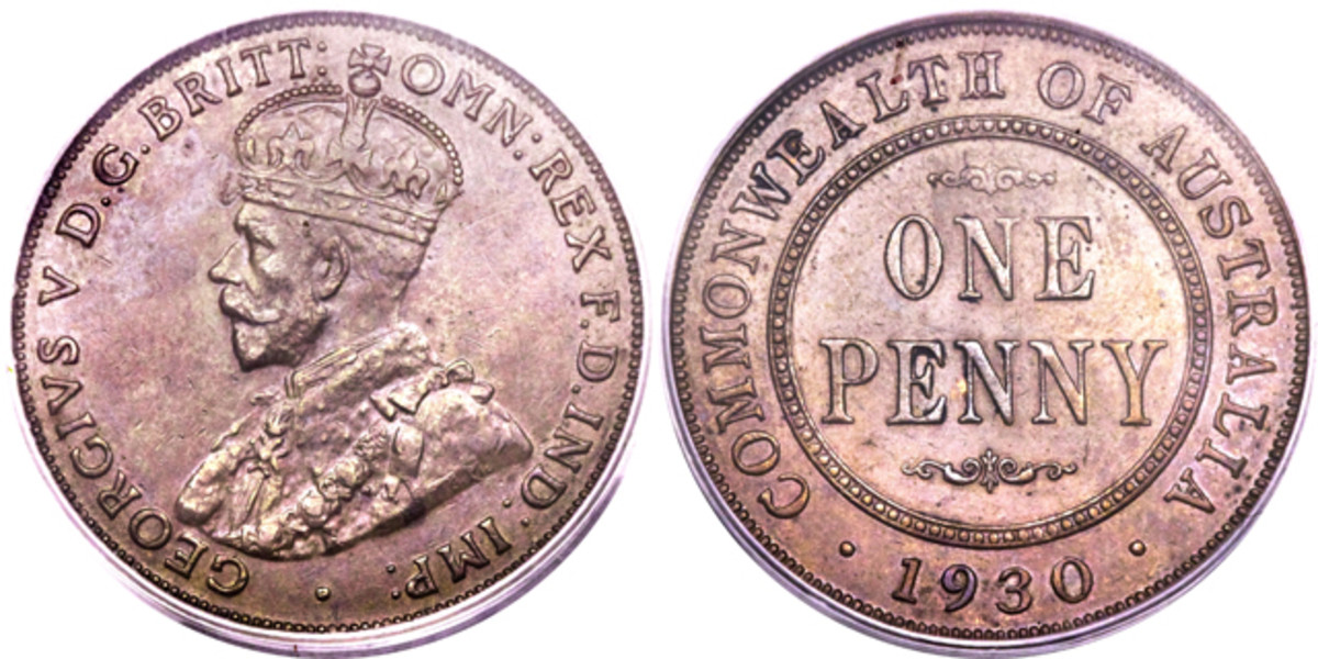 Lot 29455: A PCGS-graded AU-50 1930 King George V Australian penny. Estimate: $40,000 - $60,000.