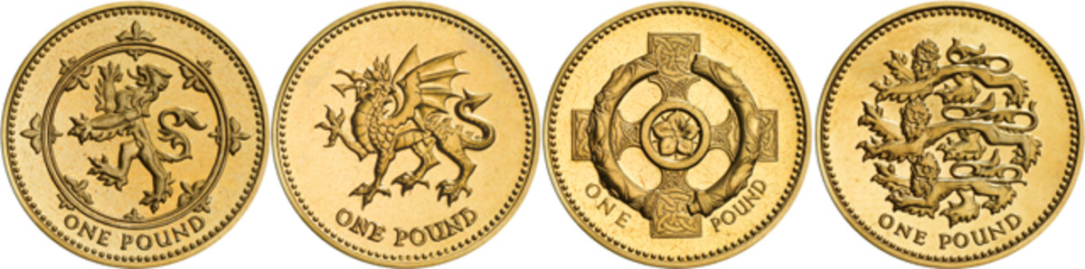 The second group of round pounds displaying symbols of the component parts of the United Kingdom used from 1994 through 1997 and 1999-2002. From left: Scotland (KM#967, -998), Wales (KM#969, -1005), Northern Ireland (KM#972, -1013), and England (KM#975, 1030). The designs were by Norman Sillman. Images courtesy and © The Royal Mint.
