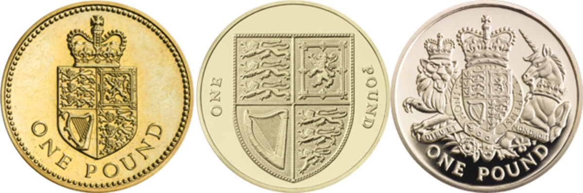 The second, third and fourth Royal Arms’ reverses to be used on Britain’s round pounds. At left that of 1988 designed by Derek Gorringe (KM#954); center that of 2014 by Matthew Dent (KM#1113); at right that of Timothy Noad which graced Britain’s last circulating pound issued in 2015 (KM#-). Images courtesy and © The Royal Mint.