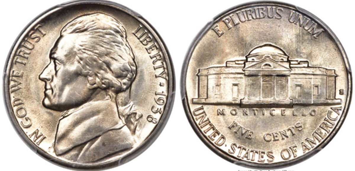 A 1938-S Jefferson nickel PCGS-graded MS-67 with Full Steps. (Images courtesy Heritage Auctions)