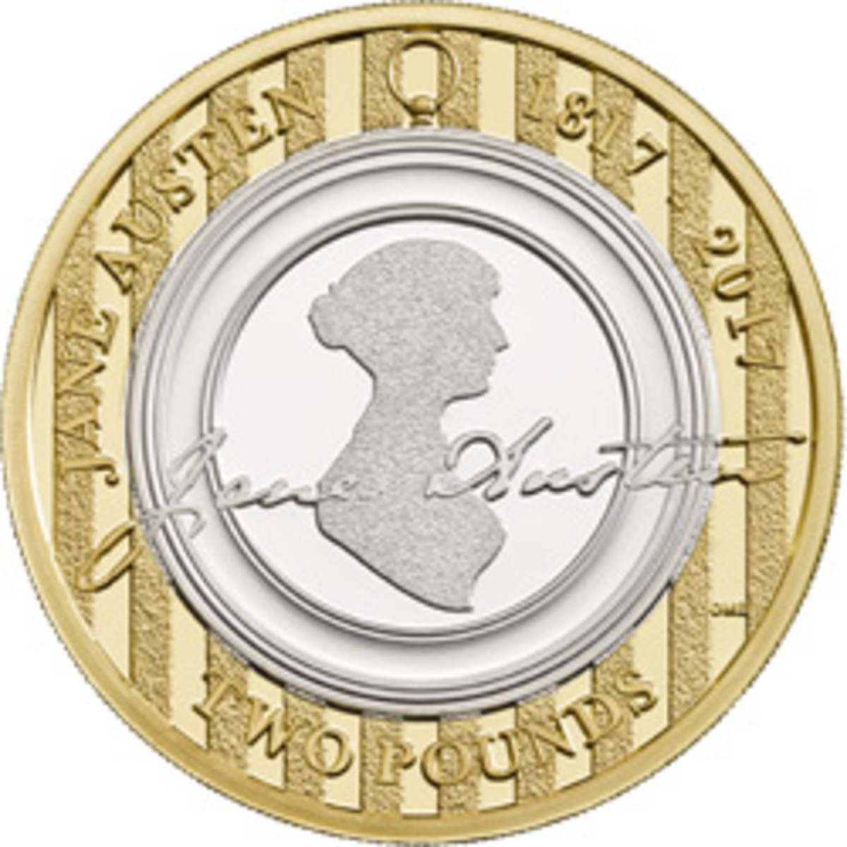  Reverse of Great Britain’s gold plated .917 fine silver Jane Austen commemorative £2 proof. (Image courtesy & © The Royal Mint)