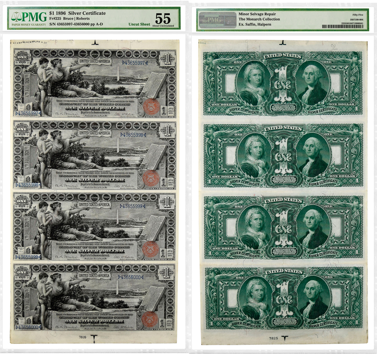 Uncut sheet of four 1896 $1 Silver Certificates graded PMG 55 About Uncirculated.
