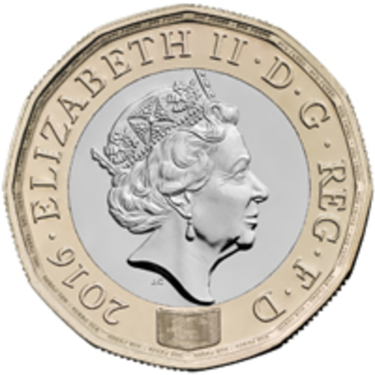  Britain's new 12-sided ringed bimetallic £1 coin with a holographic device and micro-text imbedded into part of the design.