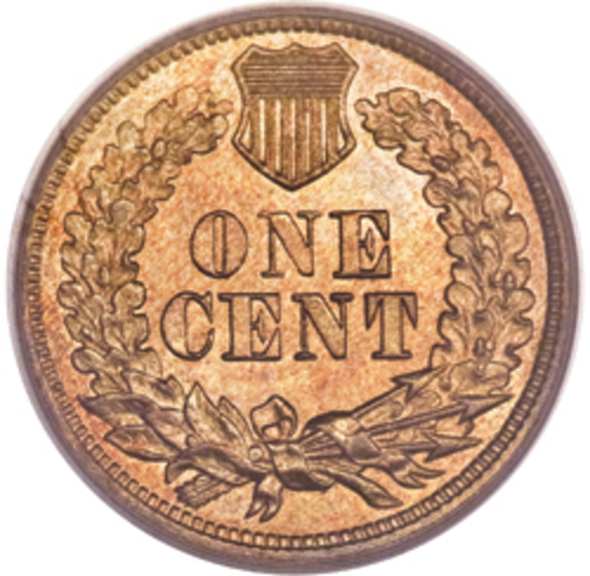  From 1864-1909, the Indian Head cent reverse was altered to show a fuller, stronger wreath with a Union shield between the ends of it. (Image courtesy Heritage Auctions)