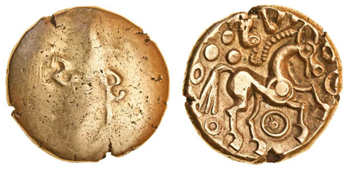 Top-selling Celtic coin from the Cottam collection: “excessively rare” uninscribed 5.53 g gold stater of from North Thames that realized $16,308. Image courtesy and © Spink London.