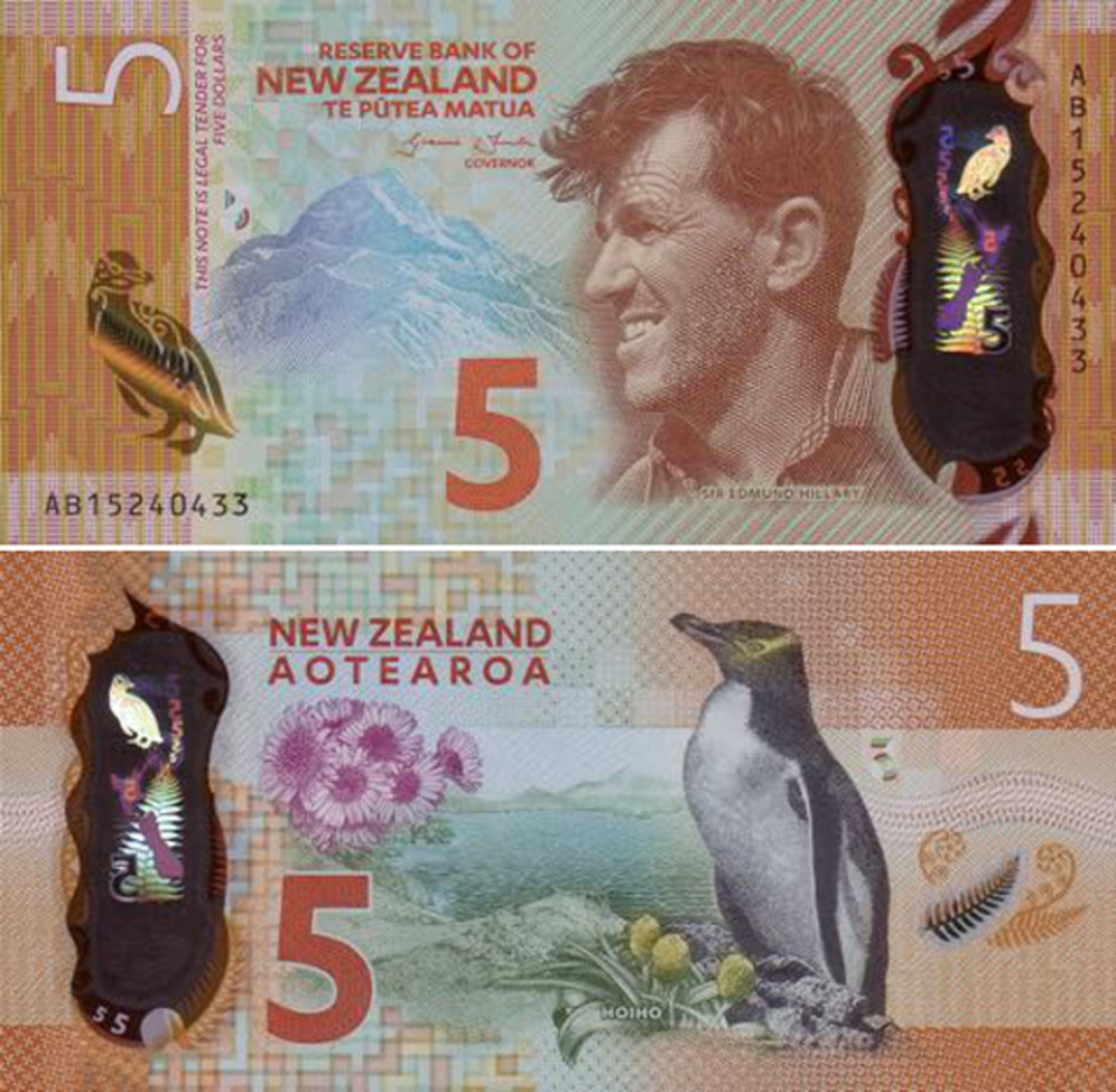 Front and back of the New Zealand $5 note depicting Sir Edmund Hillary, Mount Cook and a penguin that won the Bank Note of the Year award.