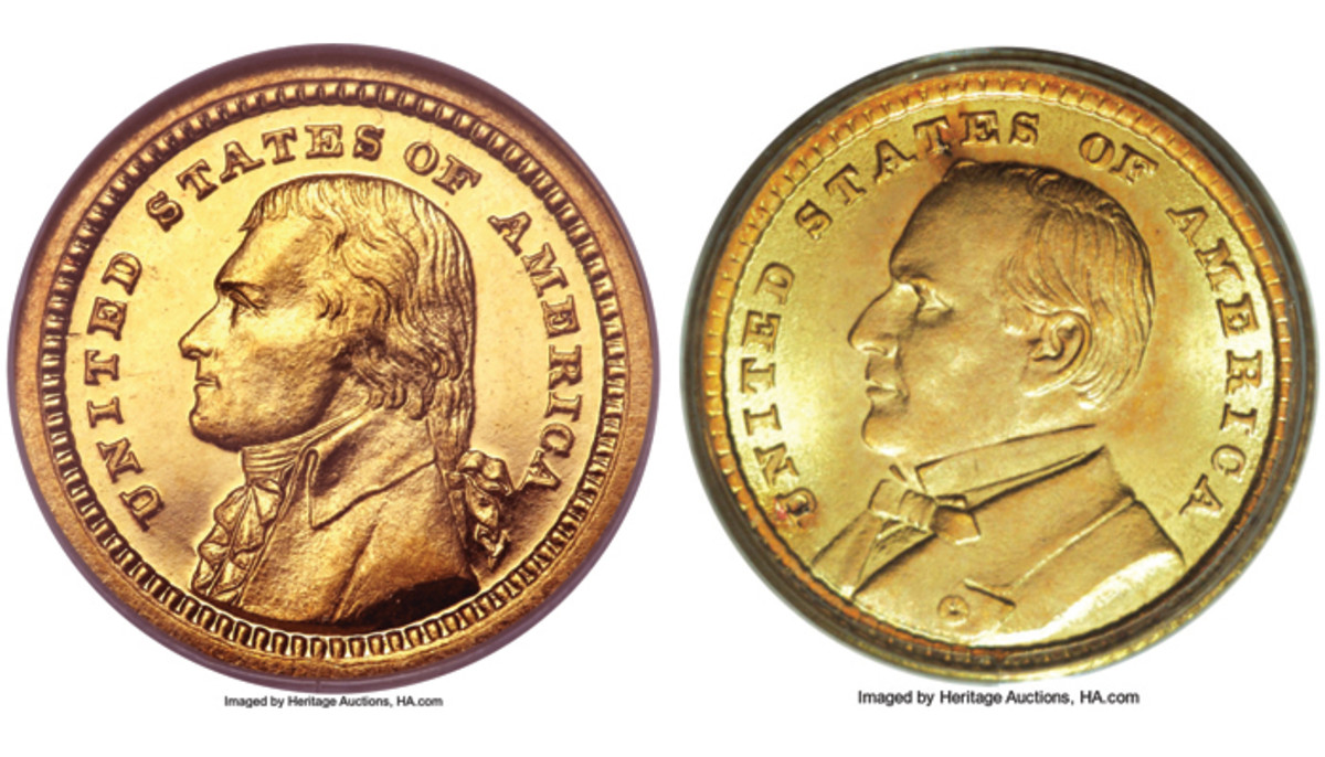 Shown here are examples of the two 1903 Louisiana Purchase Exposition gold dollars. Jefferson is on the left with McKinley on the right.  (Images courtesy of Heritage Auctions).