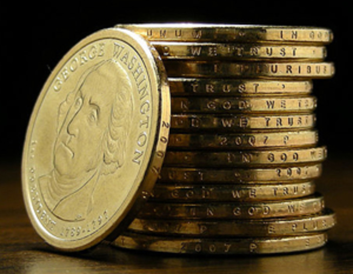  A stack of Washington Presidential $1 coins that display edge lettering. (Image courtesy https://commons.wikimedia.org/wiki/File:George_stack.JPG)