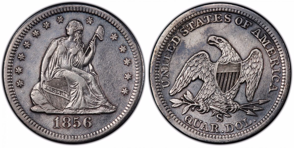 This elusive variety 1856 large S over small s mint mark quarter dollar, graded PCGS XF45, is one of the sunken treasure items from the fabled S.S. Central America in the Goldberg’s September 2020 auction. (Images courtesy of Professional Coin Grading Service.)
