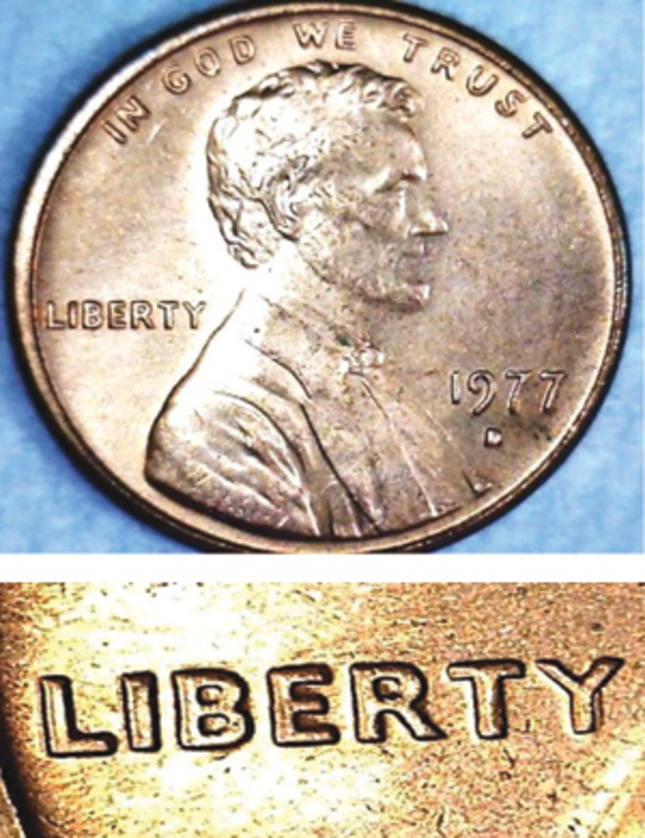  Doubling on this 1977-D doubled-die cent is best seen in the letters of LIBERTY. However, even with extreme magnification, it is difficult to see and might be confused with machine doubling damage.