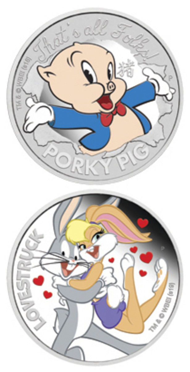  Porky, Bugs, and Lola disport on the reverses of the latest Tuvaluan silver dollars. (Images courtesy and © The Perth Mint. LOONEY TUNES and all related characters and elements © & ™ Warner Bros. Entertainment Inc. WB SHIELD: © & ™ WBEI. (s18))