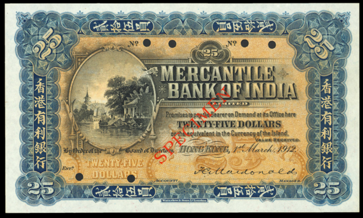 Rare specimen of a rare note: Mercantile Bank of India $25 specimen of 1922, P-237s, that realized $61,488.