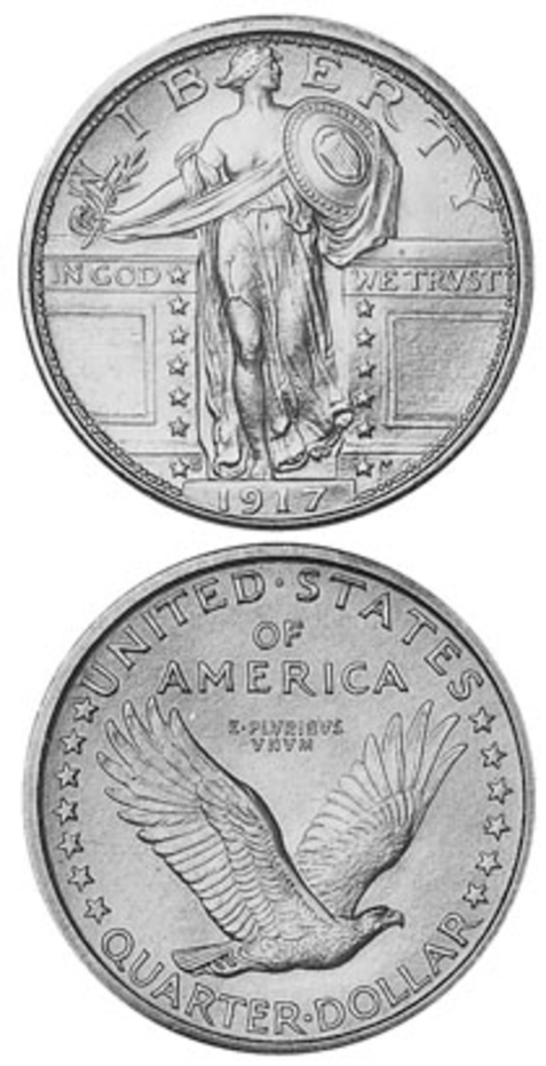  The Type I 1917-S Standing Liberty quarter featured Liberty with a bare breast on the obverse. A covered breast, and three stars added below the eagle on the reverse, debuted on the Type 2.