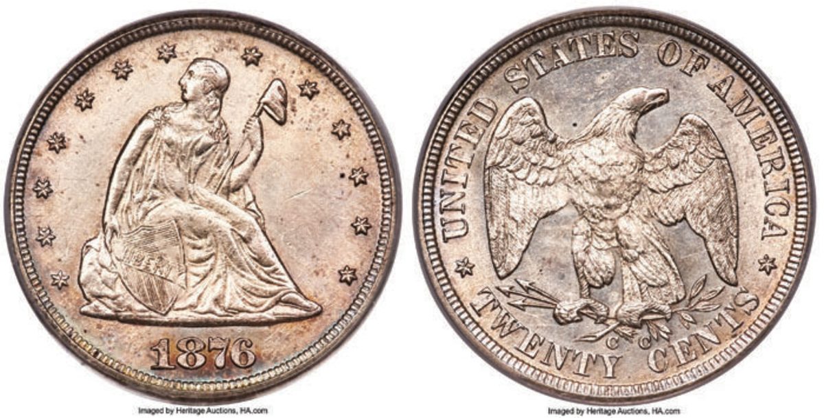 Selling for $456,000, an 1876-CC twenty cent piece known as the famous Battle Born Specimen.  (Image courtesy of Heritage Auctions)