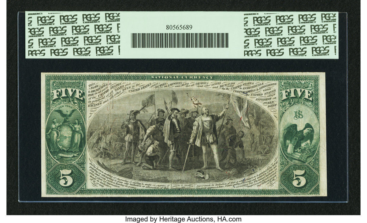 Shown is the back a New York, NY $5 1875 Fr. 405 The Lincoln NB Ch. #2608 note in which Christopher Columbus is featured. (Image courtesy of Heritage Auctions)
