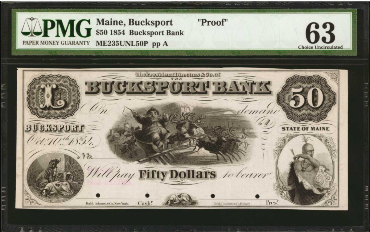  Lot 10020 was a $50 Bucksport, Maine, Bucksport Bank Proof note from 1854. The condition of the note is PMG Choice Uncirculated 63. There is a Type-III Santa Claus vignette at center. Three dogs are at the bottom left and a Native American with bow and arrows appears at right. Realized $3,600. Image courtesy of Stack’s Bowers.