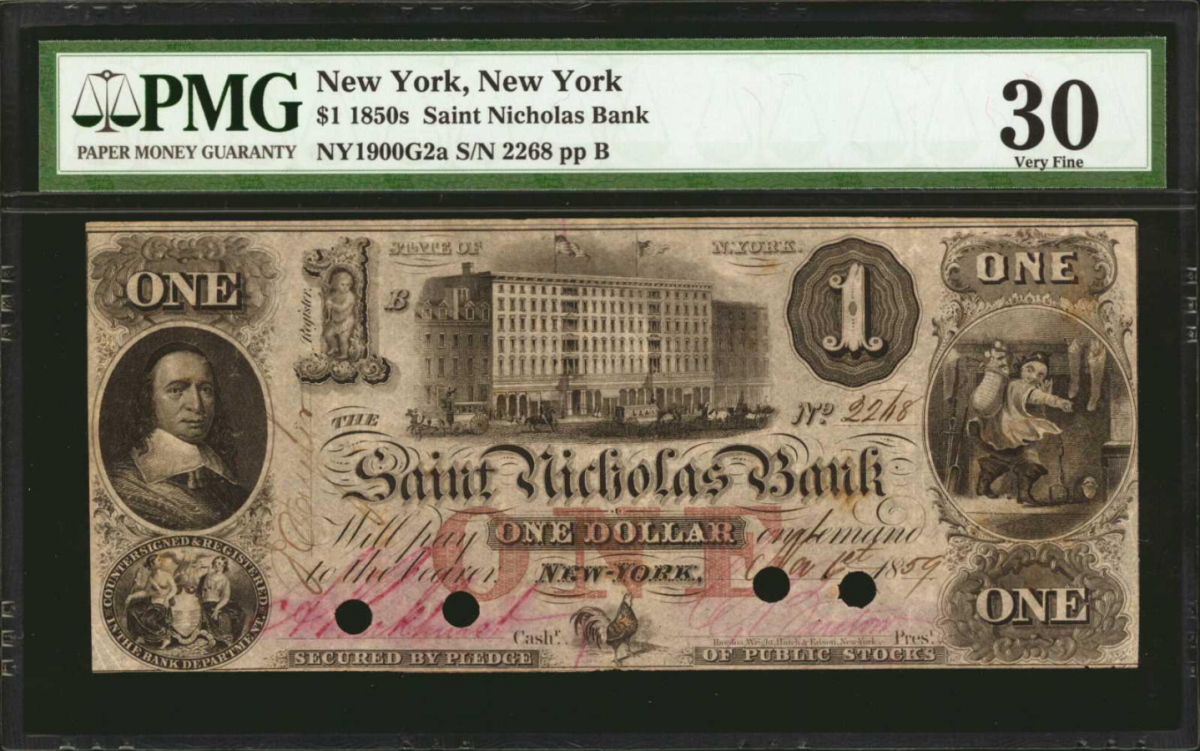 Lot 10028 was a $1 New York, New York, Saint Nicholas Bank note from the 1850s. The condition of the note is PMG Very Fine 30. The Saint Nicholas hotel is at the top center and there is a  vignette at right depicting the Type-II Santa Claus by a fireplace with sack of toys and some hanging stockings. Realized $3,840. Image courtesy of Stack’s Bowers.