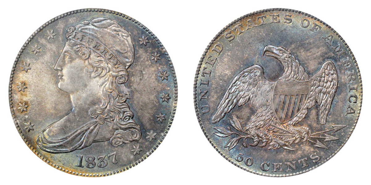 The later version of the 1836 Capped Bust Half Dollar. The standard lettering on the edge of the coin (FIFTY CENTS OR HALF A DOLLAR) was removed and replaced with a reeded edge. (Image courtesy of usacoinbook.com)