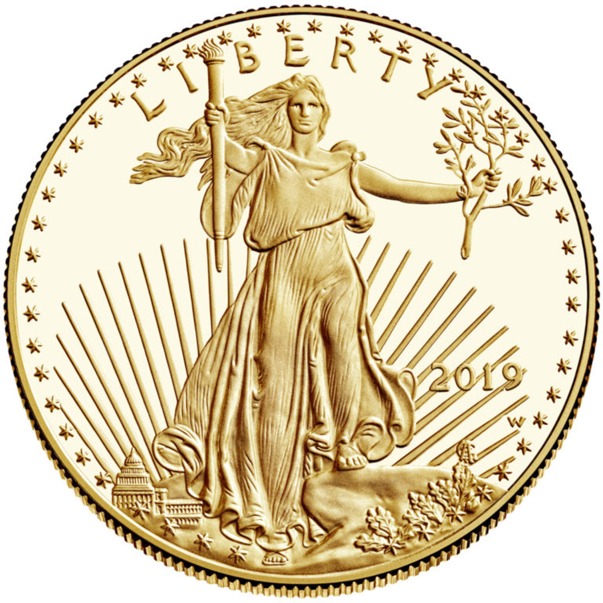 The 2019 bullion gold Eagle contains one gold troy ounce and bears a $50 face value. (Image courtesy of the United States Mint)