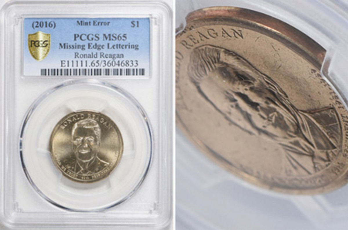 The first known Ronald Reagan plain edge dollar error is featured in a GreatCollections.com online auction, which will end Jan. 20.