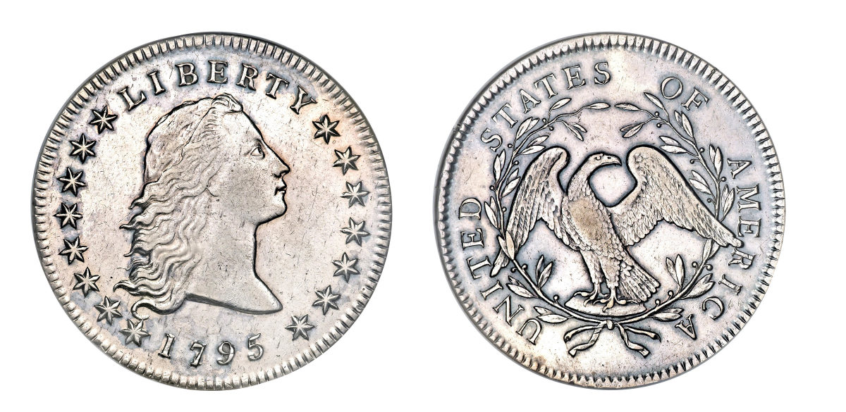 The 1795 Flowing Hair dollar with two leaves under each wing. (Images courtesy of Heritage Auctions)