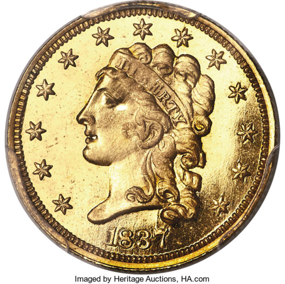 A rare 1837 Classic Head quarter eagle, PR66+ Deep Cameo PCGS CAC is the sole-finest example of this proof-only issue (Variety 18, JD-1, Ex: Parmelee-Eliasberg-Bass).  It sold for $576,000.  (Image courtesy of Heritage Auctions)