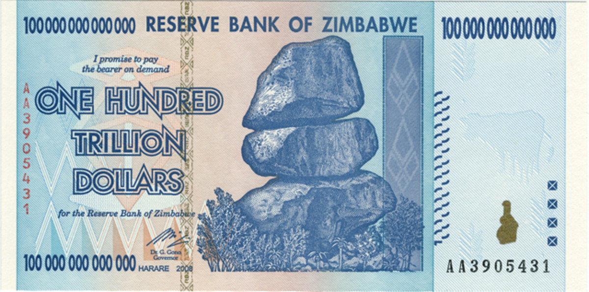 A Zimbabewe 100,000,000,000,000 dollar, illustrating the hyperinflation of 2009.
