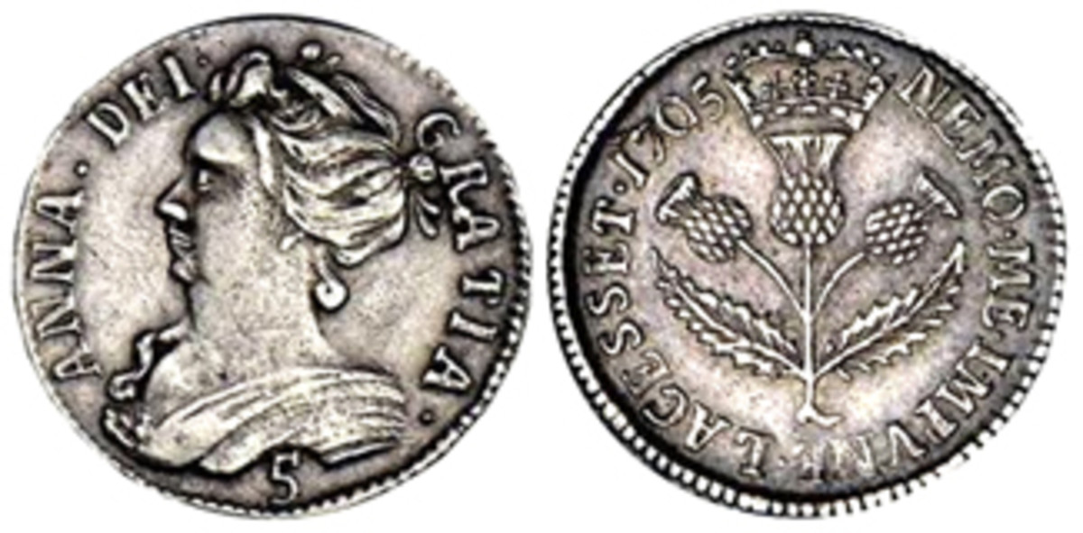  1705 five Scottish shillings, struck at Edinburgh. (Images courtesy Stack’s Bowers)