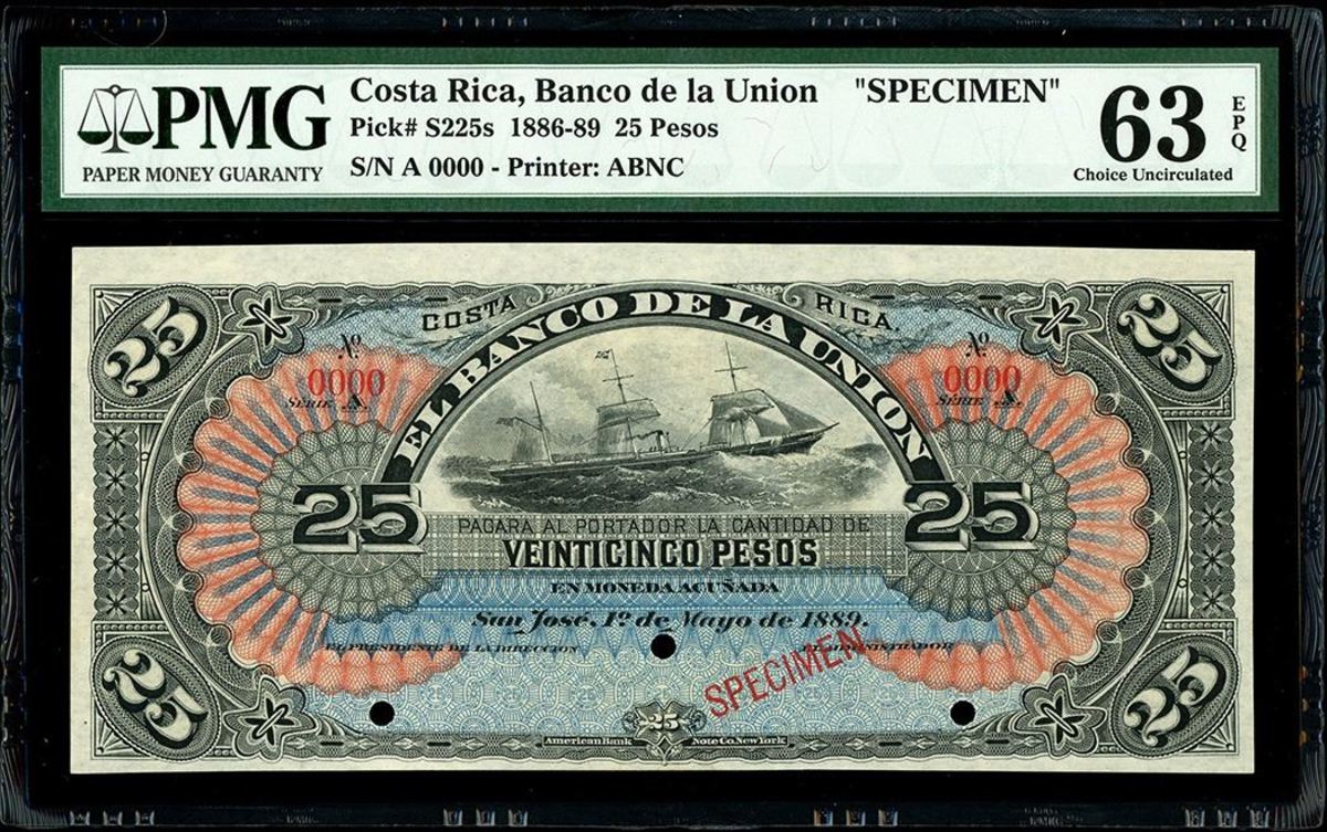 Lot 1436:  This Banco de la Union 25 pesos specimen from 1889 sold for $7,735.