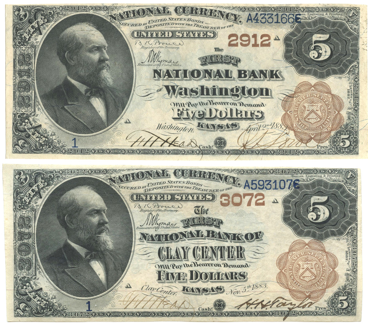 Newly discovered serial No. 1 $5 Brown Backs from The First National Banks of Washington and Clay Center, Kan. F.H. Head signed both as cashier. The lettering in the title blocks for both of these notes was made on patented lettering machines.