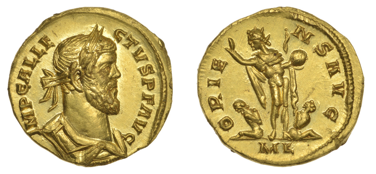 Rare gold aureus of Allectus, Emperor of Britain 293-296 CE, found in a ploughed field in March and scheduled for sale in June by DNW with an estimate c. $90,000-130,000. On the reverse is Sol Invictus with globe, whip and captives. Images courtesy & © Dix Noonan Webb.