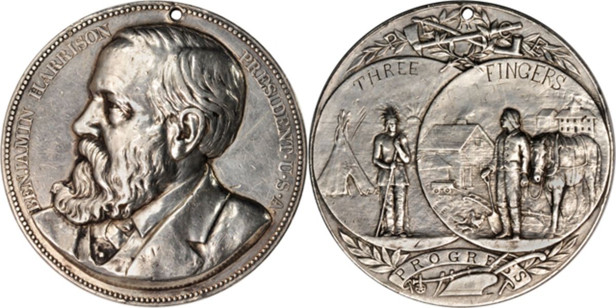 The Harrison Peace Medal gifted to Cheyenne Chief Buffalo Meat in 1890 sold for $49,937.50 at Stack’s Bowers Americana sale.