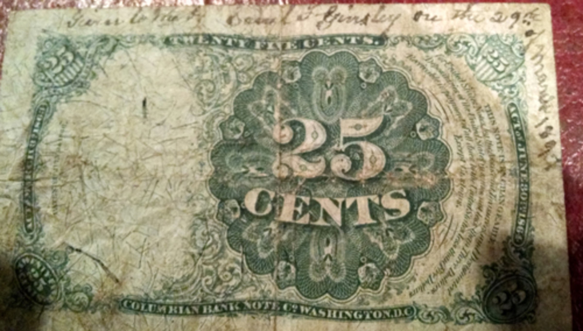  Fig. 1: This series of 1874 10 Cent Fractional Currency note features the inscription, “Given to me by Sam ‘l F. Ginsley on the 29th of March 1897.” (All images from the author’s collection)