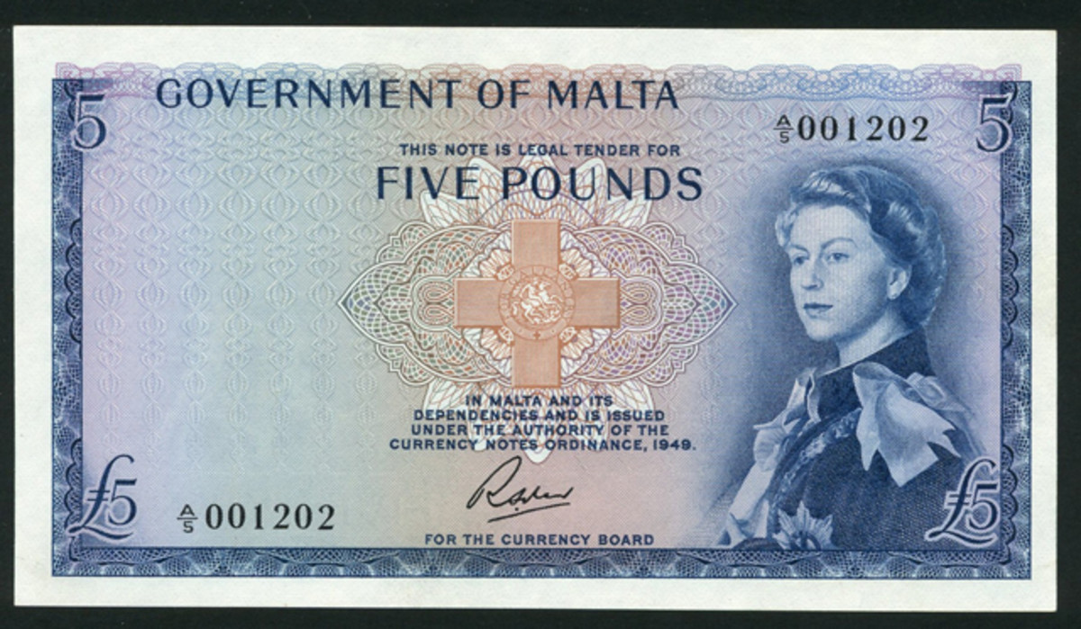 Maltese £5 of 1963 in top grade sporting the Annigoni portrait of the queen and signed by Richard Soler.