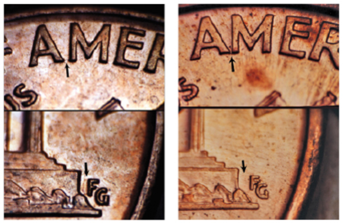  The bottom right leg of “A” is widely separated from the left leg of the “M” on a standard Wide AM design. The “FG” designer initials are closer to the base of the Lincoln Memorial on the standard Wide AM design. The rare Close AM design is at right, taken from photos of the coin originally found by Colin Kusch.