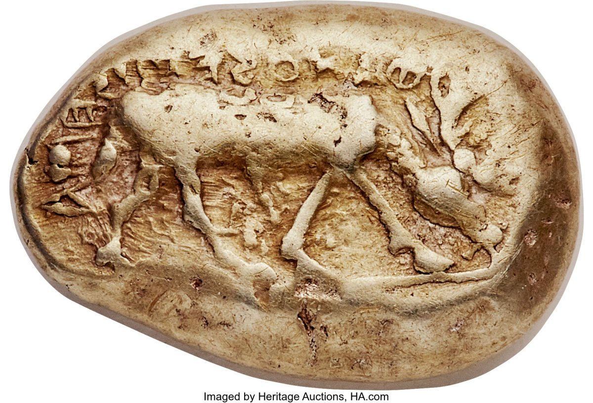 Desirable Ionian Phanes electrum stater struck at Ephesus (c. 625-600 BC) displaying a spotted stag (BMC Ionia 1). In NGC VF 4/5-4/5 it took $156,000. Image courtesy and © www.ha.com.