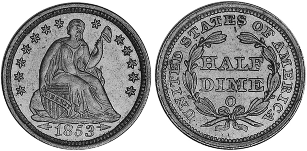 The 1853-O half dime with arrows can be bought for only $20.75 in G-4. Its predecessor, the 1853-O half dime without arrows, however, is a rarity in any grade with a G-4 price of $285.