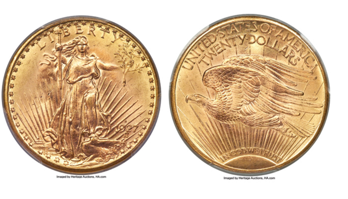 Highlighting Heritage’s official auction of the 65th anniversary Florida United Numismatists Convention is a 1927-D Saint-Gaudens double eagle gold $20 graded MS-65+ by PCGS. It hails from the Rollo Fox Collection. (All images courtesy Heritage Auctions, www.HA.com.)