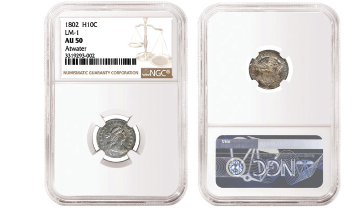 1802 half dime graded AU50 by NGC that realized $192,000 at Stack's Bowers' Rarities Night. Images courtesy of NGC.