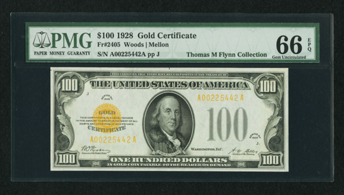 This 1928 $100 Gold Certificate sold for $105,750.