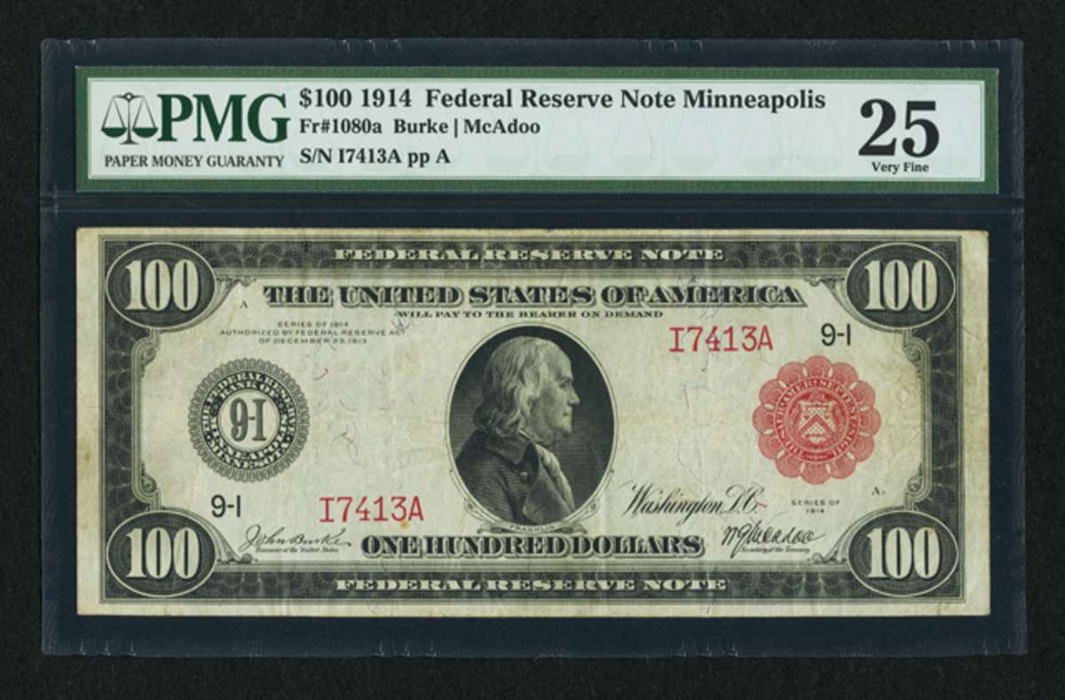 This 1914 $100 Red Seal Federal Reserve Note in PMG Very Fine 25 commanded $42,300.