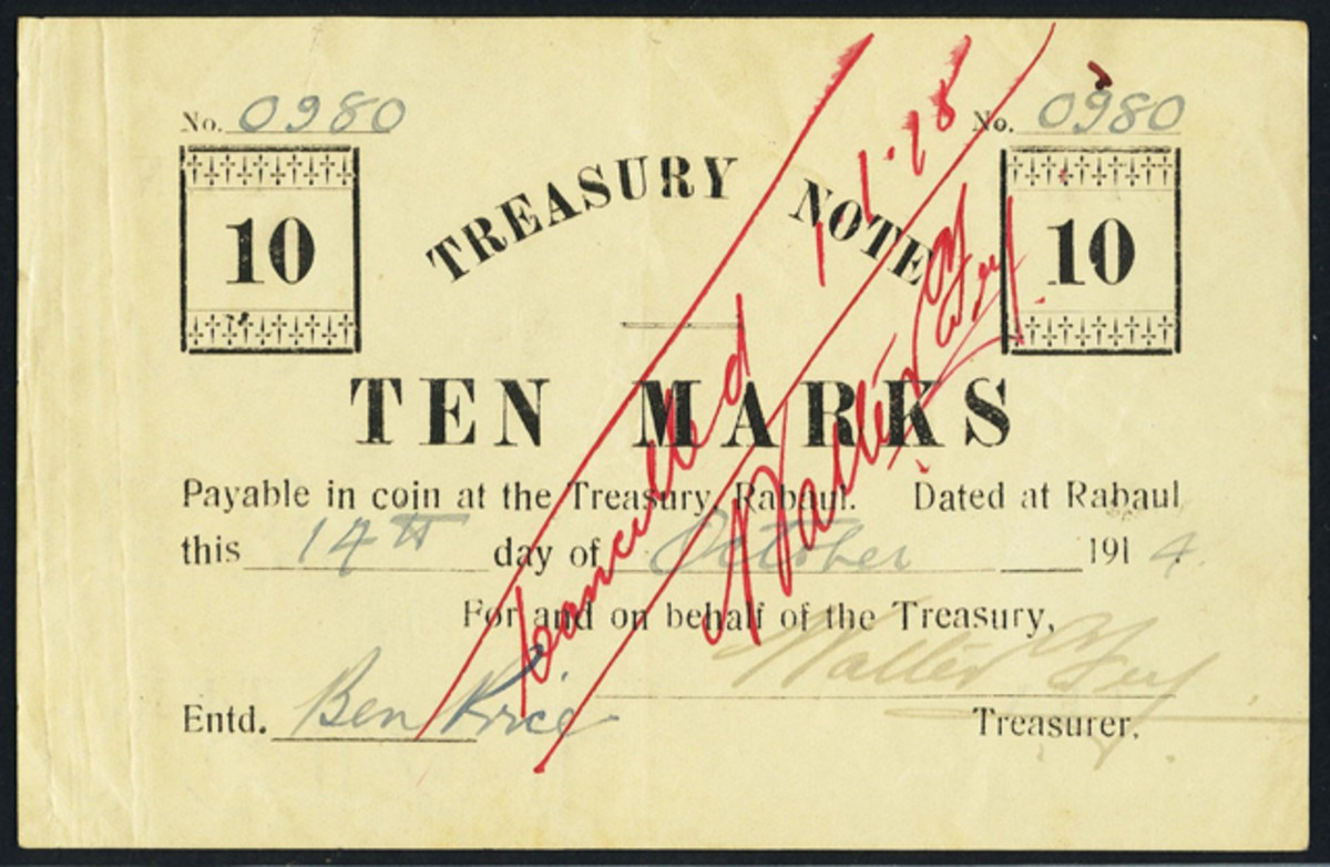 Top selling and extremely rare German New Guinea Treasury 10 marks [sic] issued by occupying Australian forces in October 1914, P-2b. It easily realized $49,937.50 in Heritage Auctions recent Long Beach sale. This example carries hand written serial number “980” and was sold by Spink in their October 1977 Sydney auction. Presumably this was when Ruth Hill acquired the item as it has not been known to have appeared on the market since that time.
