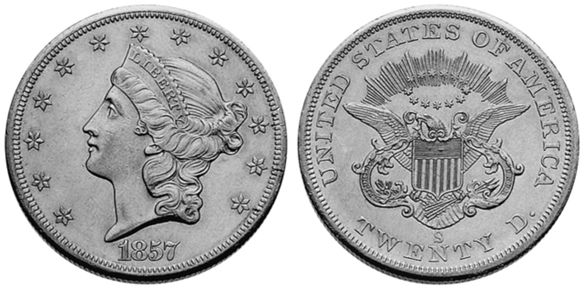 Many 1857-S double eagles were recovered from the shipwreck of the S.S. Central America in the 1980s, leading to a number of Mint State examples with a fascinating story.