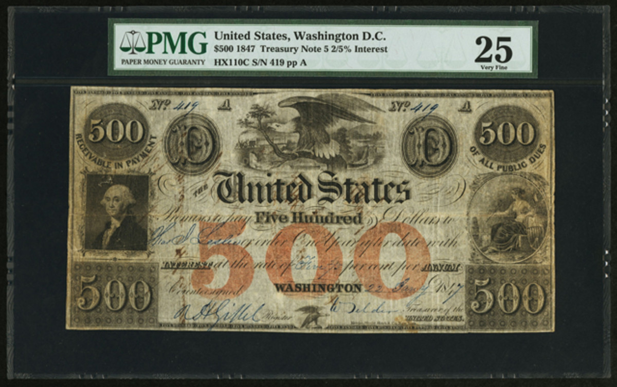 Bearing multiple endorsements on its back, this newly discovered $500 Treasury Note sold for $199,750.